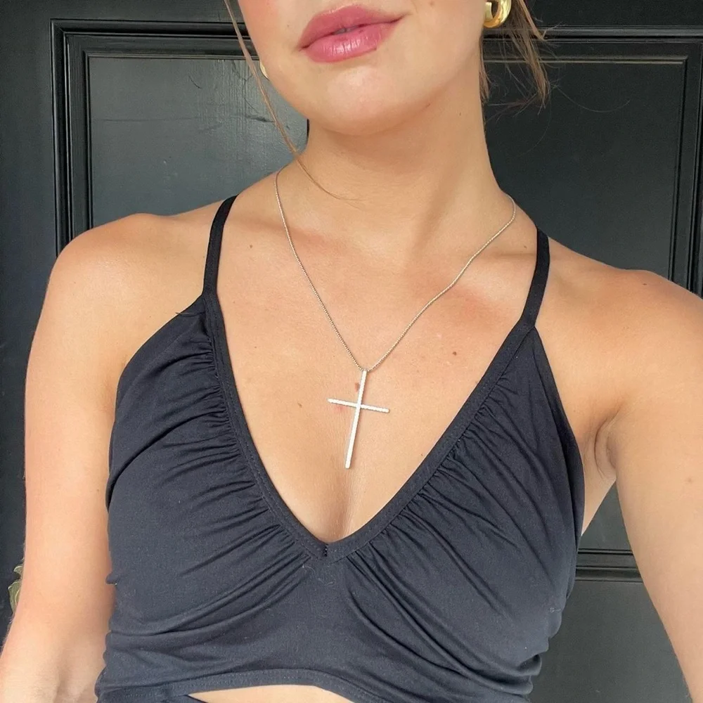 Classy timeless silver diamond cross necklace